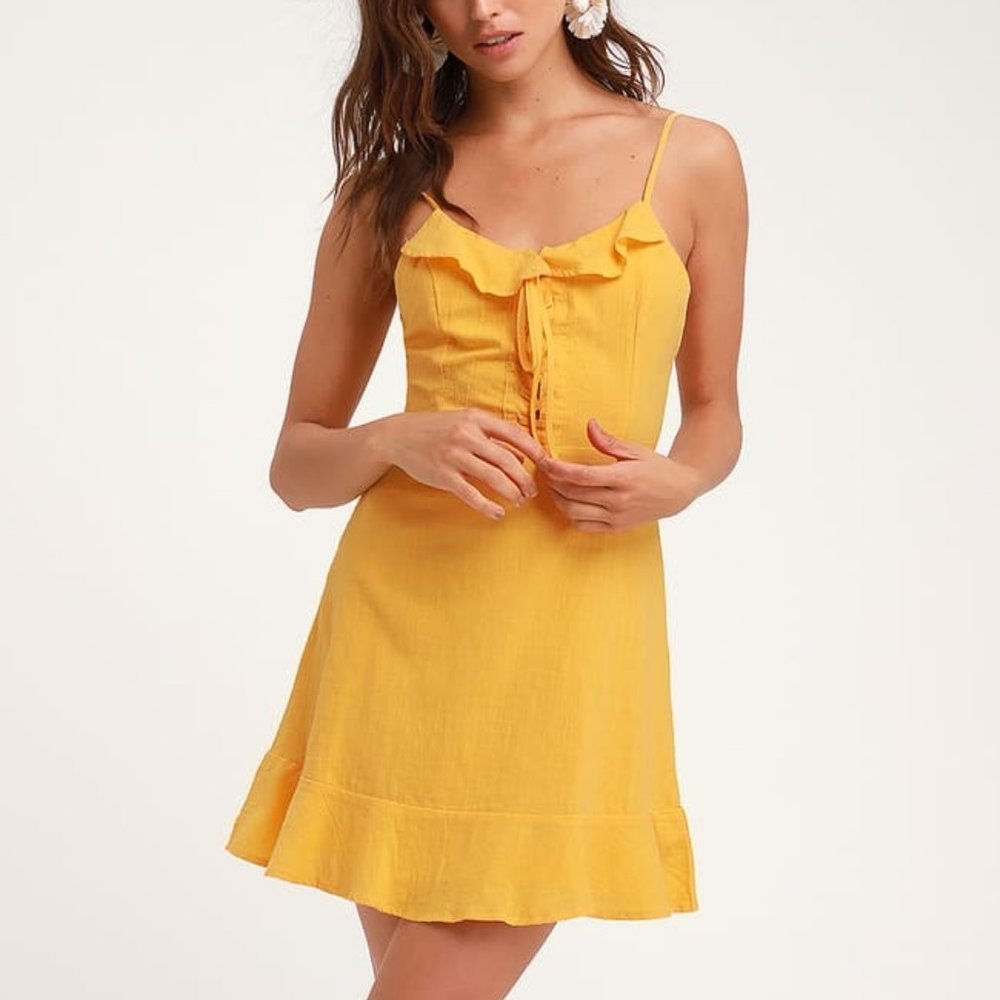 3/$50 Lulus Here to Dance Yellow Lace-Up Mini